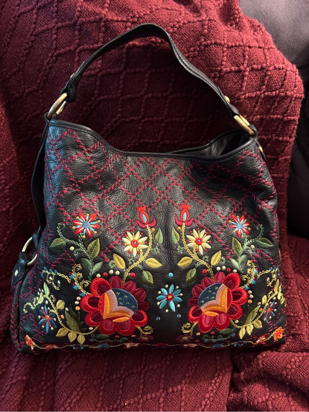 Rare Isabella Fiore Leather Shoulder Hobo Bag with Multicolor Floral Embroidery - Picture 2 of 12